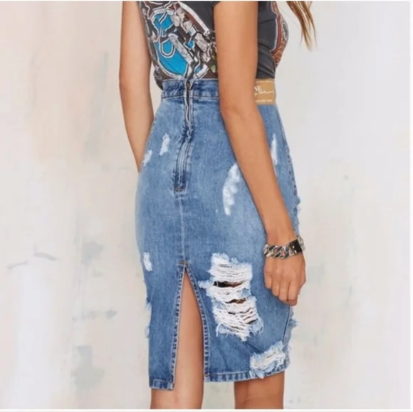 One Teaspoon Light Wash Denim Distressed Midi Pencil Skirt with High Slit - Picture 4 of 12